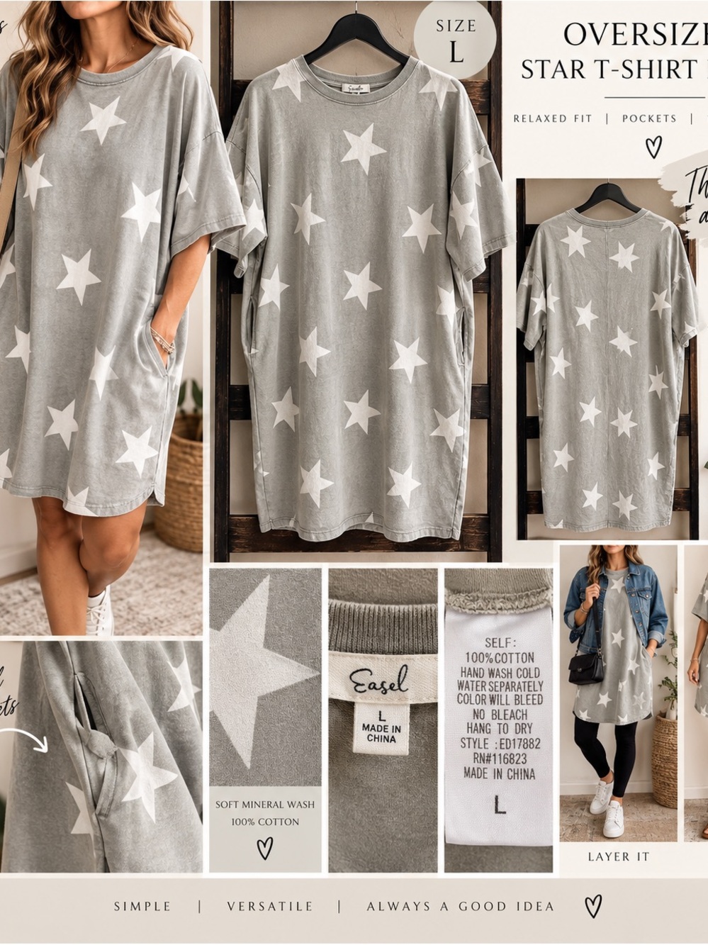Easel 100% Cotton Star Mineral Wash T-Shirt Dress Pockets L